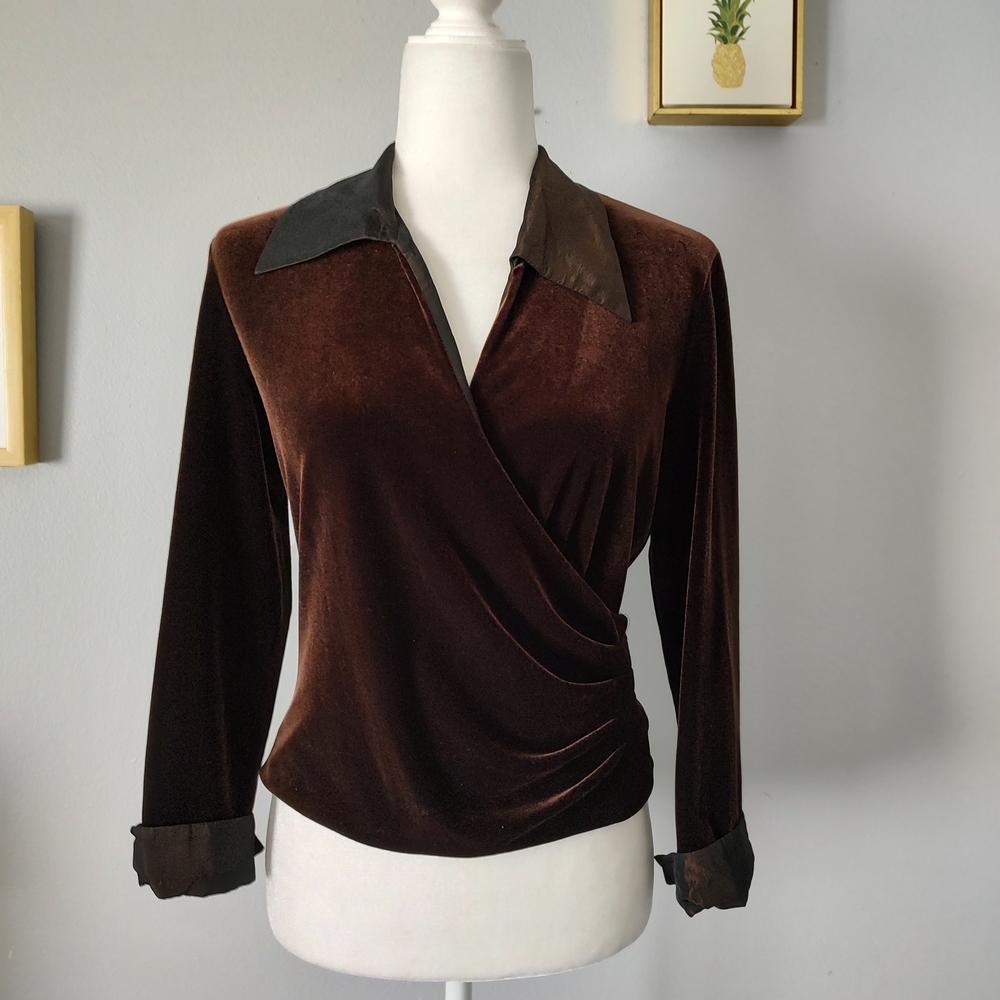 Vintage Soft velvet Talbot's Blouse Brown Medium Style Wrap Party Cocktail Promo